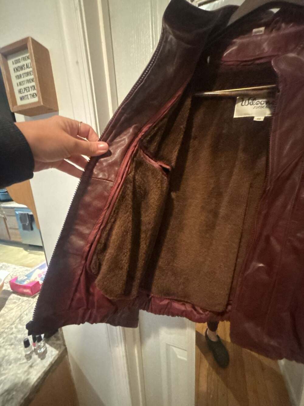Wilsons Suede & Leather Burgundy Bomber Jacket Size 40 - Picture 3 of 5